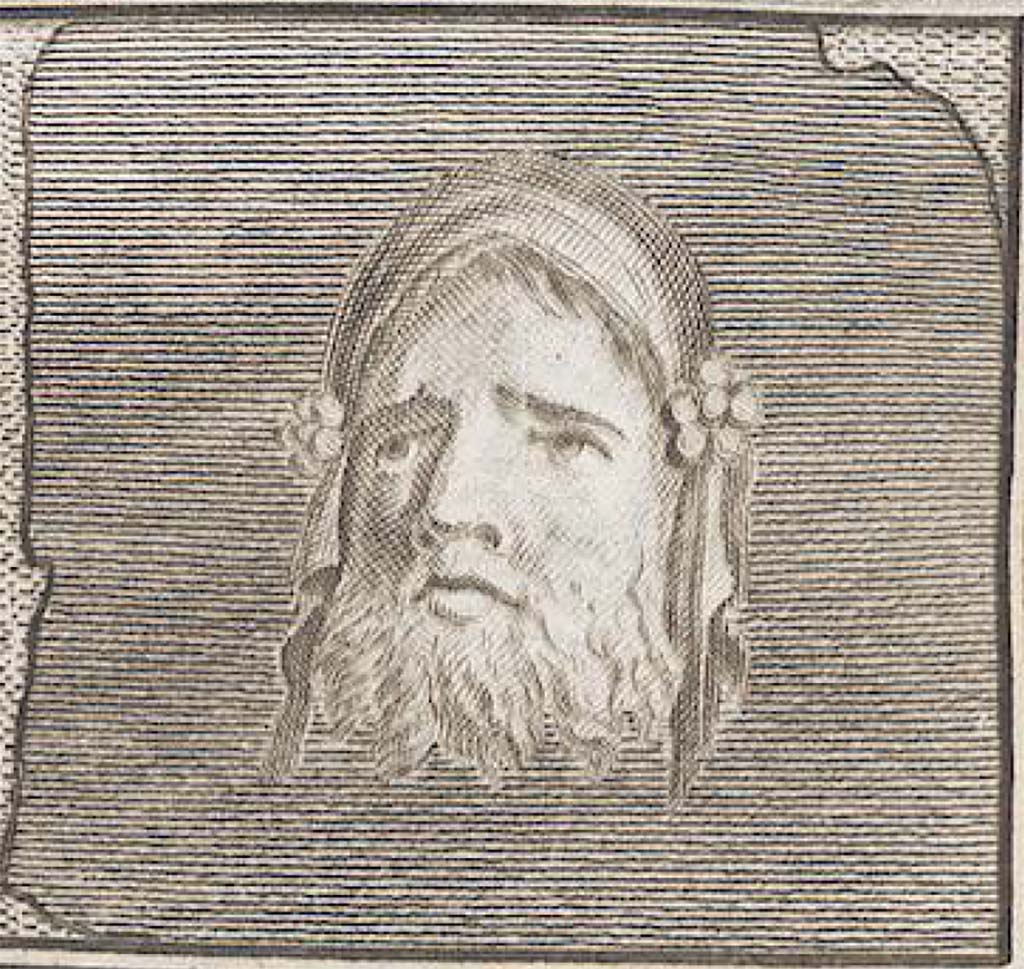 Villa dei Papiri, Herculaneum. Fresco of Medusa head.
Now in Naples Archaeological Museum. Inventory number 8821D.
See Antichità di Ercolano: Tomo Quarto: Le Pitture 4, 1765, p. 17.